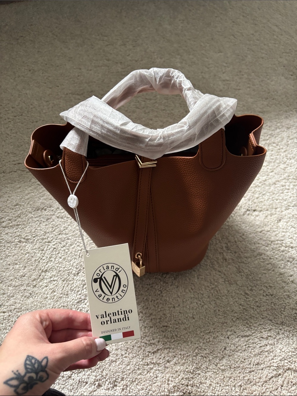 Valentino Orlandi Cognac Brown Pebbled Leather bucket bag